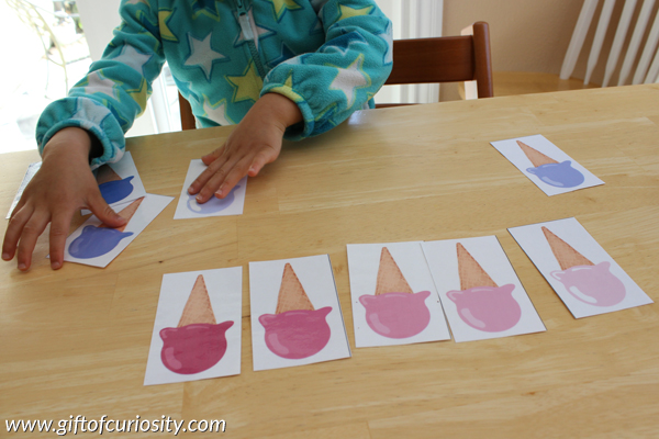 Sense of sight activity for kids: Learn about the sense of sight with books and a free printable activity where children practice ordering ice cream cones by color from lightest to darkest #freeprintable || Gift of Curiosity