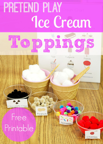 Pretend play ice cream toppings activity from Pre-K Pages