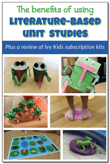 The benefits of using literature-based unit studies: what a literature-based unit study is and how they facilitate learning for kids. Plus a review of Ivy Kids subscription kits with details about their literature-based unit study of the book "Jump, Frog, Jump!" by Robert Kalan. || Gift of Curiosity
