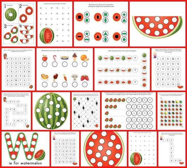 Watermelon Do-a-Dot Printables: 19 pages of watermelon do-a-dot worksheets that will help kids practice one-to-one correspondence, shapes, colors, patterning, letters, and numbers. #DoADot #watermelon #freeprintables || Gift of Curiosity
