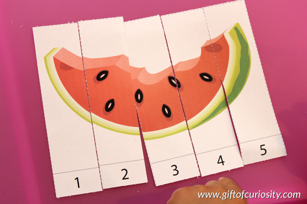 Watermelon Printables Pack containing 69 watermelon-themed activities for kids ages 2-7. Perfect for summer learning! || Gift of Curiosity