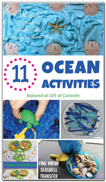 11 ocean activities, including ocean sensory play, ocean crafts, ocean pretend play, ocean fine motor play, ocean printables, and ocean books #ocean #ece #handsonlearning || Gift of Curiosity