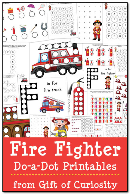 Fire Fighter Do-a-Dot Printables: 21 pages of fire fighter do-a-dot worksheets to help kids ages 2-6 work on one-to-one correspondence, shapes, colors, patterning, letters, and numbers. #firefighters #freeprintables #DoADot || Gift of Curiosity