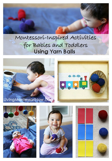 Montessori-inspired activities for babies and toddlers using yarn balls from Living Montessori Now