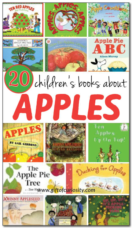 A list and review of 20 books about apples geared toward kids age 2-12. #apples #booklist #fall #giftofcuriosity || Gift of Curiosity