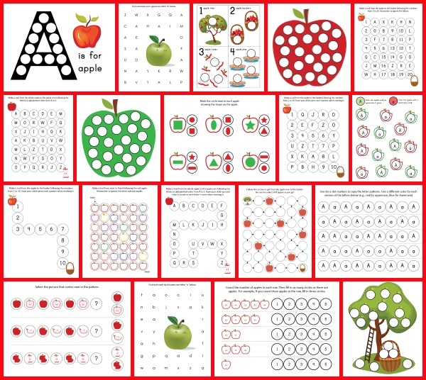 Apple Do-a-Dot Printables: 19 pages of apple do-a-dot worksheets to help kids work on one-to-one correspondence, shapes, colors, patterning, letters, and numbers. || Gift of Curiosity