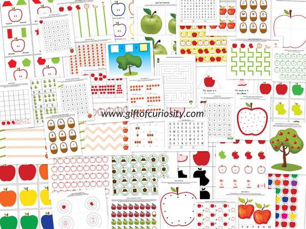 Apple Printables Pack - This pack contains 73 apple-themed activities for kids ages 2-7. The activities cover a range of skills, including shapes and sizes, colors, same vs. different, patterning, puzzles, fine motor, math (number identification, counting, addition, subtraction), and literacy (letter identification, alphabetical order, phonemic awareness, word searches). || Gift of Curiosity