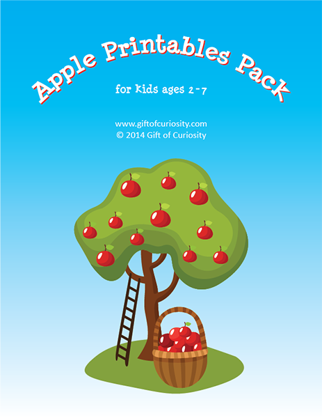 Apple Printables Pack - This pack contains 73 apple-themed activities for kids ages 2-7. The activities cover a range of skills, including shapes and sizes, colors, same vs. different, patterning, puzzles, fine motor, math (number identification, counting, addition, subtraction), and literacy (letter identification, alphabetical order, phonemic awareness, word searches). || Gift of Curiosity