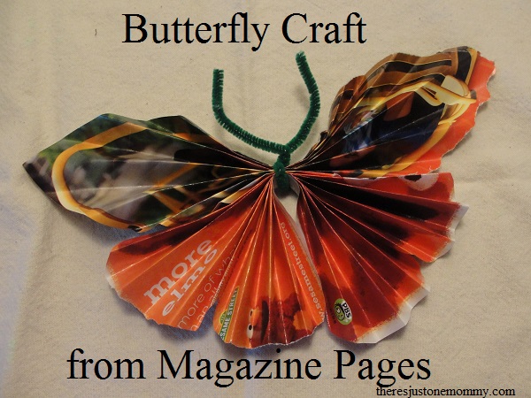 Butterfly craft made from magazine pages from Theres Just One Mommy