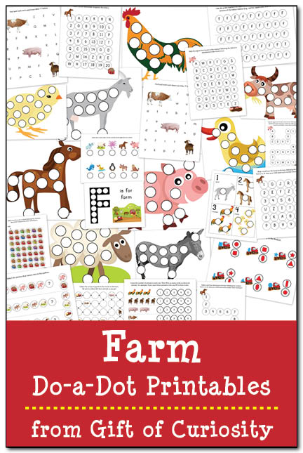 Free Farm Do-a-Dot Printables: 25 farm do-a-dot worksheets to help kids work on one-to-one correspondence, shapes, colors, patterning, letters, and numbers. Great for a toddler or preschool farm unit! || Gift of Curiosity