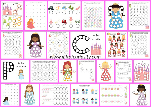 Princess Do-a-Dot Printables with 25 pages of princess do-a-dot worksheets for kids ages 2-6 #princess #DoADot #freeprintables || Gift of Curiosity
