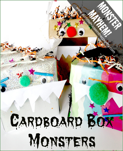 Cardboard box monsters Halloween craft from Our Little House in the Country