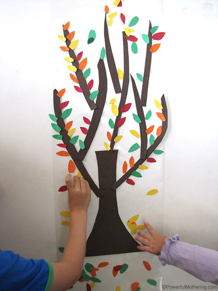 Easy fall tree contact paper activity from Powerful Mothering
