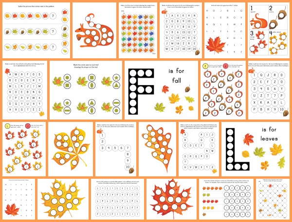 Download your free Fall Do-a-Dot Printables pack to get access to 24 fall-themed do-a-dot worksheets that will help your kids work on one-to-one correspondence, shapes, colors, patterning, letters, numbers, and more! #DoADot #freeprintables #fall || Gift of Curiosity
