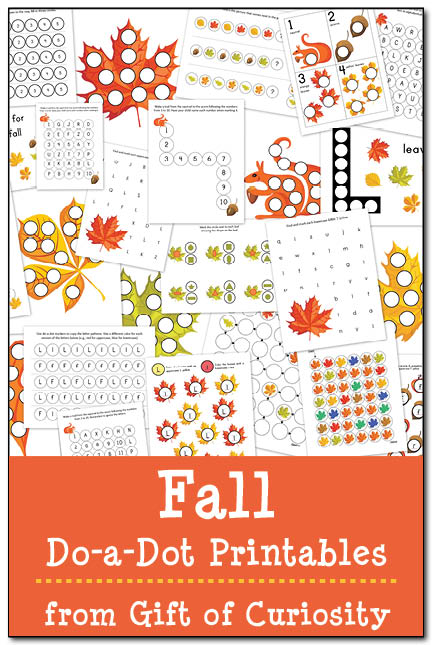 Download your free Fall Do-a-Dot Printables pack to get access to 24 fall-themed do-a-dot worksheets that will help your kids work on one-to-one correspondence, shapes, colors, patterning, letters, numbers, and more! #DoADot #freeprintables #fall || Gift of Curiosity