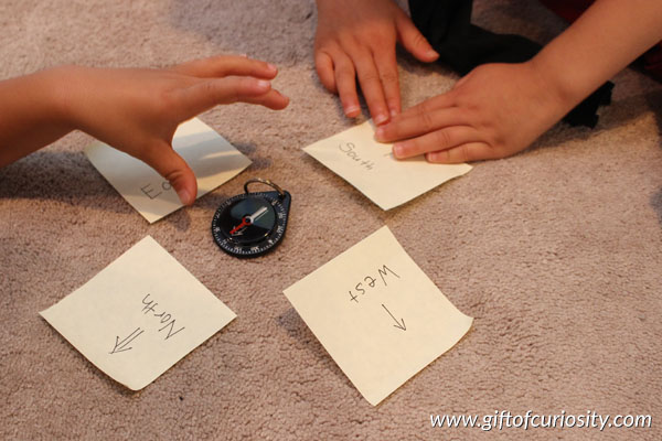 Montessori directionality activities: Find North, South, East, and West using a compass. #geography #handsonlearning || Gift of Curiosity