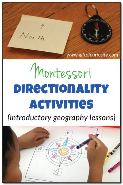 Montessori directionality activities: As an introduction to #geography, use these #Montessori directionality activities to teach kids about the cardinal directions (North, South, East, West) as well as how to use a compass. #handsonlearning || Gift of Curiosity
