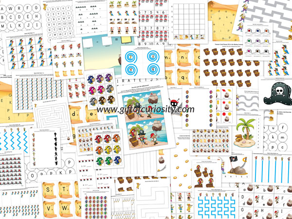 Pirate Printable Pack - 73 pirate worksheets for kids ages 2-7 with activities that include shapes and sizes, colors, fine motor skills, puzzles, patterning, letters, numbers, literacy, and math. || Gift of Curiosity