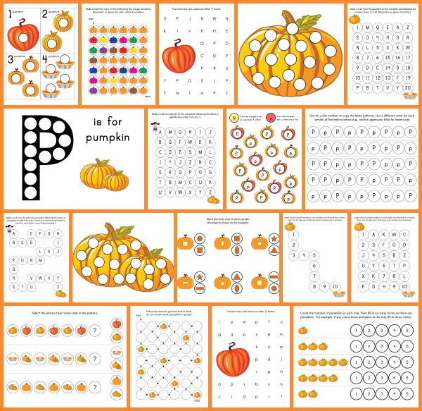 Free Pumpkin Do-a-Dot printables featuring 19 pages of activities to celebrate the season while helping your young children learn a variety of skills. #DoADot #freeprintables #pumpkins #halloween || Gift of Curiosity