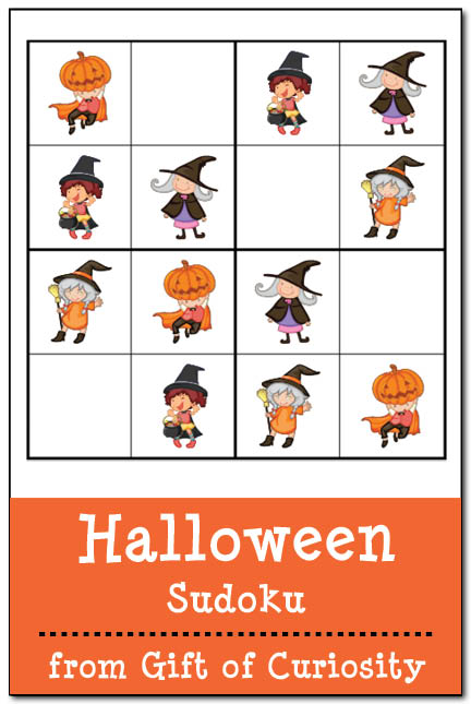 Free printable Halloween Sudoku puzzles for kids. These kid-friendly puzzles use pictures instead of numbers to give young children a fun cognitive challenge. Wouldn't this be fun to do with your kids this October? #freeprintable #sudoku #giftofcuriosity #giftofcuriosityprintables #Halloween || Gift of Curiosity
