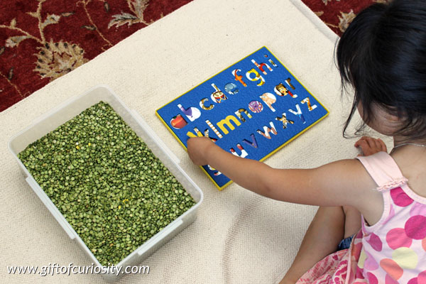 Help your children focus on letter shapes, names, and sounds with a simple-to-prepare letter hunt sensory bin! || Gift of Curiosity