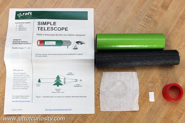 Make a working telescope! Kids can learn to combine lenses of different shapes to make an inexpensive but fully functioning DIY telescope. This is a great science activity for kids. #handsonscience || Gift of Curiosity