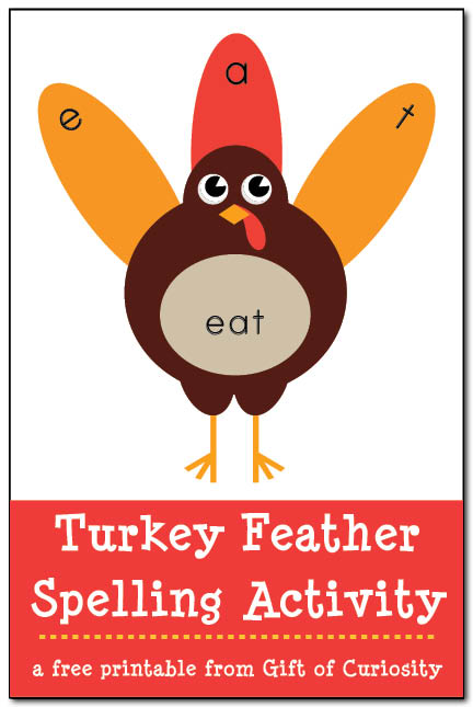 Free Turkey Feather Spelling Activity for #Thanksgiving. Kids put the feathers on the turkeys while practicing some Thanksgiving-themed spelling words. Blank pages included so adults can create their own spelling words. #freeprintables || Gift of Curiosity