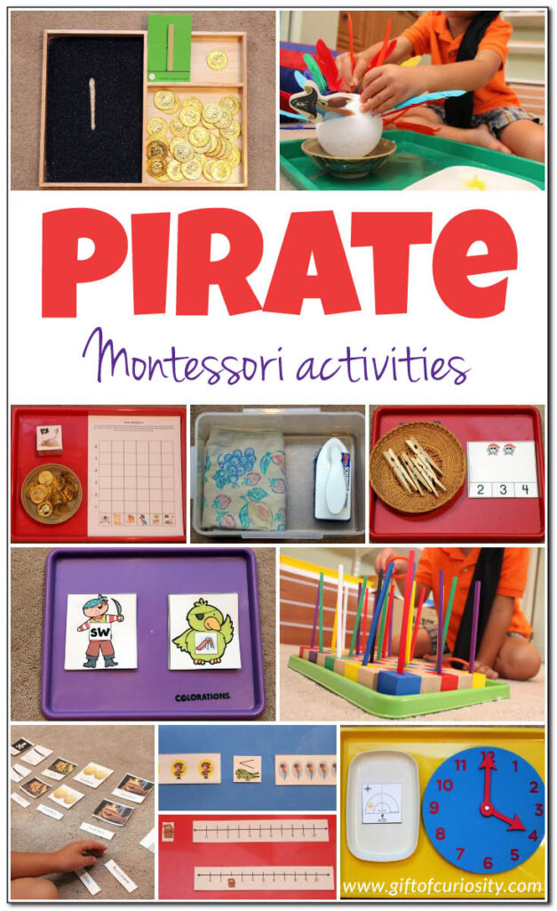 Pirate Montessori Activities: Montessori-inspired pirate activities for a pirate learning unit. My kids LOVED putting feathers onto the parrot. And check out the fun new vocabulary words kids can learn! || Gift of Curiosity