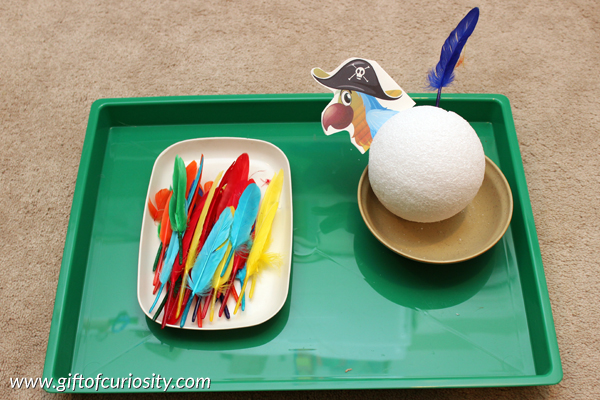 Pirate Montessori activities: Put the feathers on the parrot || Gift of Curiosity