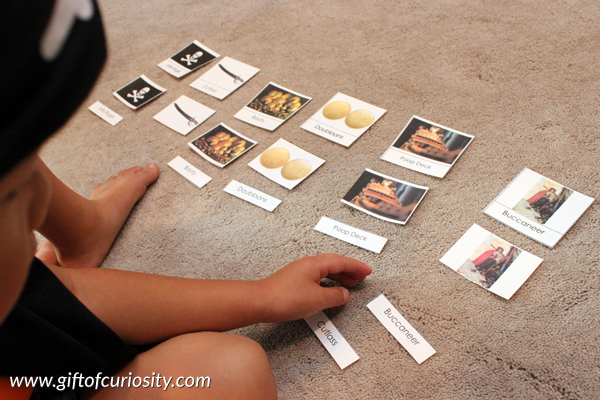 Pirate Montessori activities: Pirate 3 part cards to learn new pirate vocabulary with free printable pirate nomenclature cards || Gift of Curiosity