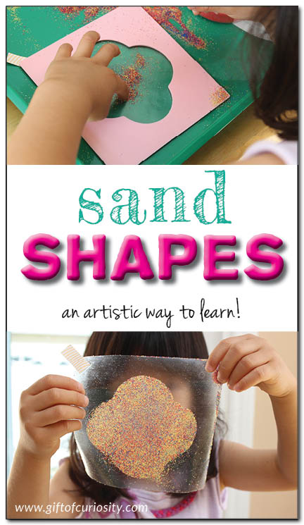 Sand shapes: a shapes, art, and fine motor activity kids love! My daughter loved this activity and went crazy creating all sorts of sand shapes she could then put on her wall! || Gift of Curiosity