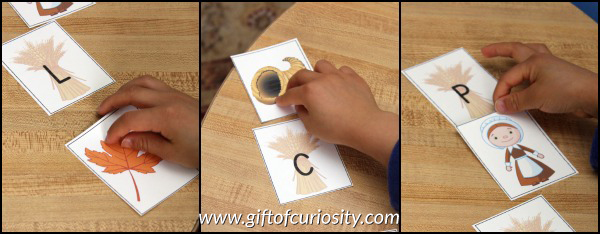 Free Thanksgiving printable: Thanksgiving-themed letter to initial sounds matching game. Match letters to Thanksgiving images based on the initial sound of the word. #freeprintables #Thanksgiving || Gift of Curiosity