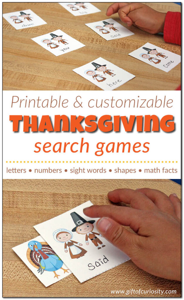 Free Thanksgiving printable: A Thanksgiving-themed search game you can customize to help your child work on letters, numbers, sight words, math facts, shapes, colors, and more! #freeprintables || Gift of Curiosity