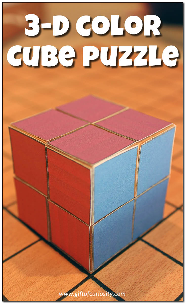 3-D color cube puzzle: This DIY puzzle works on color matching, understand cubes, and working in three dimensions. This is a great little cognitive puzzle you can make using items you probably already have at home! || Gift of Curiosity