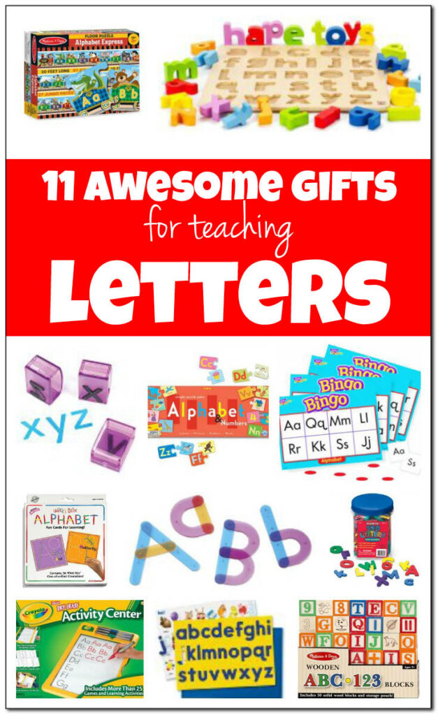 11 awesome gifts for teaching letters to kids from babies through early elementary school. Early exposure to the alphabet through play and fun interactions with adults is the best way for kids to develop the alphabetic awareness they will need to learn to read and these toys will help! || Gift of Curiosity