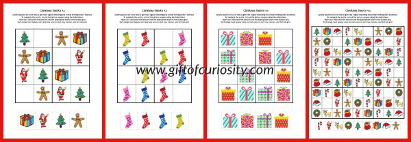 Free Christmas Sudoku Puzzles: Print these Christmas Sudoku puzzles to give your kids some problem solving practice. Download includes three easy 4x4 grid puzzles and one intermediate 9x9 grid puzzle. || Gift of Curiosity