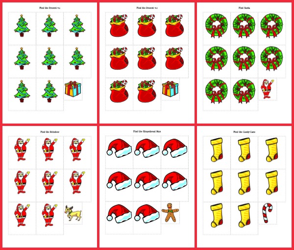 Christmas search games: A free printable and customizable Christmas game to help kids work on letters, numbers, sight words, shapes, math facts, and more! 6 different versions included. || Gift of Curiosity