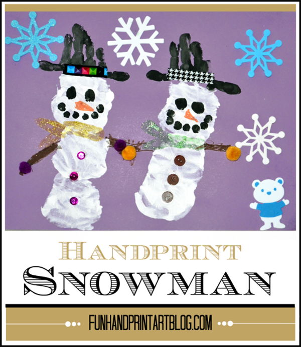 Handprint snowman preschool craft from Fun Handprint Art Blog