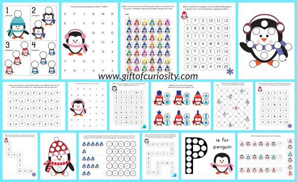 Free Penguin Do-a-Dot Printables: 17 pages of penguin do-a-dot worksheets for kids ages 2-6. Lots of great skills practice and a fun resource for kids learning about penguins. || Gift of Curiosity