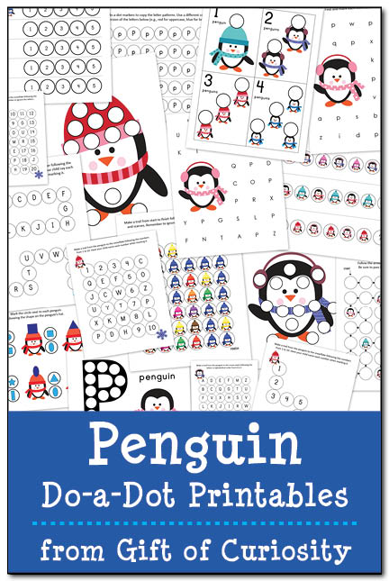 Free Penguin Do-a-Dot Printables: 17 pages of penguin do-a-dot worksheets for kids ages 2-6. Lots of great skills practice and a fun resource for kids learning about penguins. || Gift of Curiosity