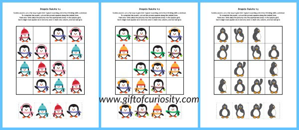 Free printable Penguin Sudoku puzzles adapted for use by young children || Gift of Curiosity