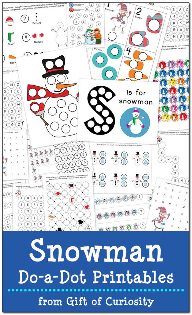 Free Snowman Do-a-Dot Printables: 17 pages of snowman do-a-dot worksheets to help kids ages 2-6 work on one-to-one correspondence, shapes, colors, patterning, letters, and numbers | #snowman #snowmen #DoADot #freeprintable #winter #giftofcuriosity #toddlers #preschool || Gift of Curiosity