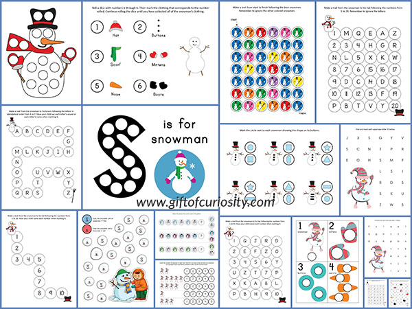 Free Snowman Do-a-Dot Printables: 17 pages of snowman do-a-dot worksheets to help kids ages 2-6 work on one-to-one correspondence, shapes, colors, patterning, letters, and numbers || Gift of Curiosity