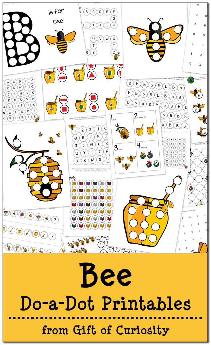 Free Bee Do-a-Dot Printables: 20 pages of bee dot worksheets for kids ages 2-6. The graphics in this pack are so cute! || Gift of Curiosity