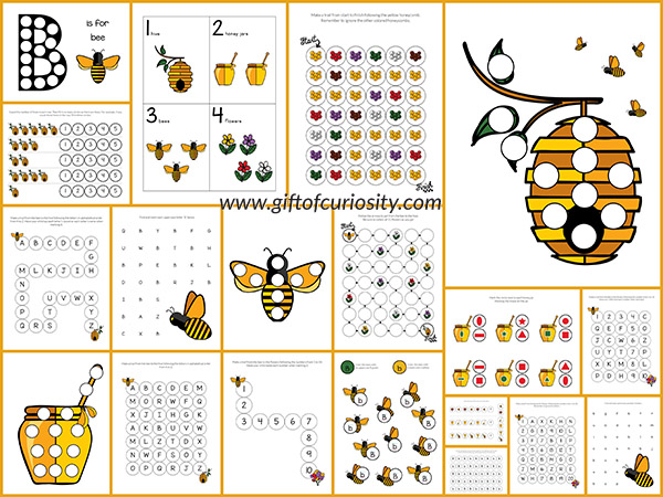 Free Bee Do-a-Dot Printables: 20 pages of bee dot worksheets for kids ages 2-6. The graphics in this pack are so cute! || Gift of Curiosity