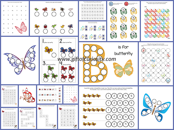 Free Butterfly Do-a-Dot Printables: 20 pages of butterfly do-a-dot worksheets for kids ages 2-6. I love the graphics in this pack! || Gift of Curiosity