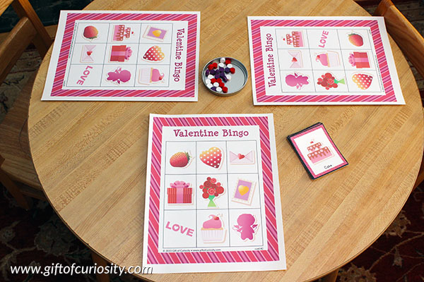 Free printable Valentine Bingo game with 10 different playing cards for hours of Valentine's Day Bingo fun! || Gift of Curiosity