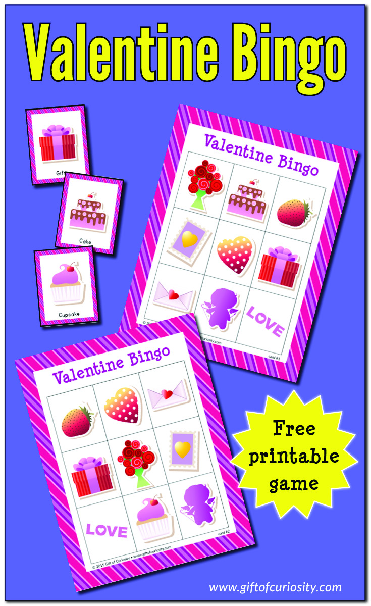 Free printable Valentine Bingo game with 10 different playing cards for hours of Valentine's Day Bingo fun! #Valentine #ValentinesDay #Bingo #freeprintable #giftofcuriosity || Gift of Curiosity