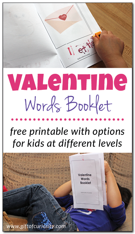 A free printable Valentine Words Booklet for kids. Build vocabulary, spelling skills, and a knowledge of books with this simple and fun Valentine learning activity. || Gift of Curiosity