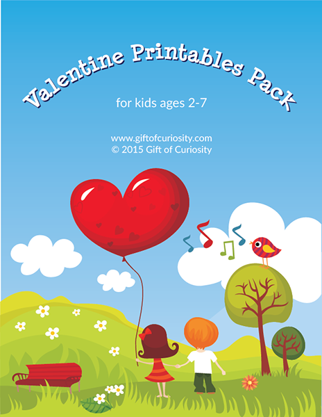 Valentine Printables Pack: 100+ pages of Valentine activities and worksheets for kids ages 2-7 covering a wide range of skills. This is an awesome set of free Valentine printables all in one huge pack! || Gift of Curiosity